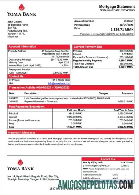 imprimível Modelo Word e PDF de extrato de hipoteca do Banco Myanmar Yoma
